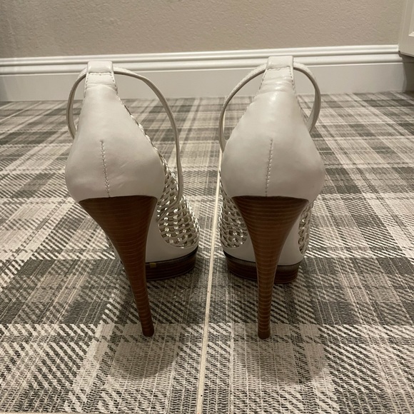 Bebe Woven White and Silver Open-Toe Platform Heels with Ankle Strap - Picture 3 of 5